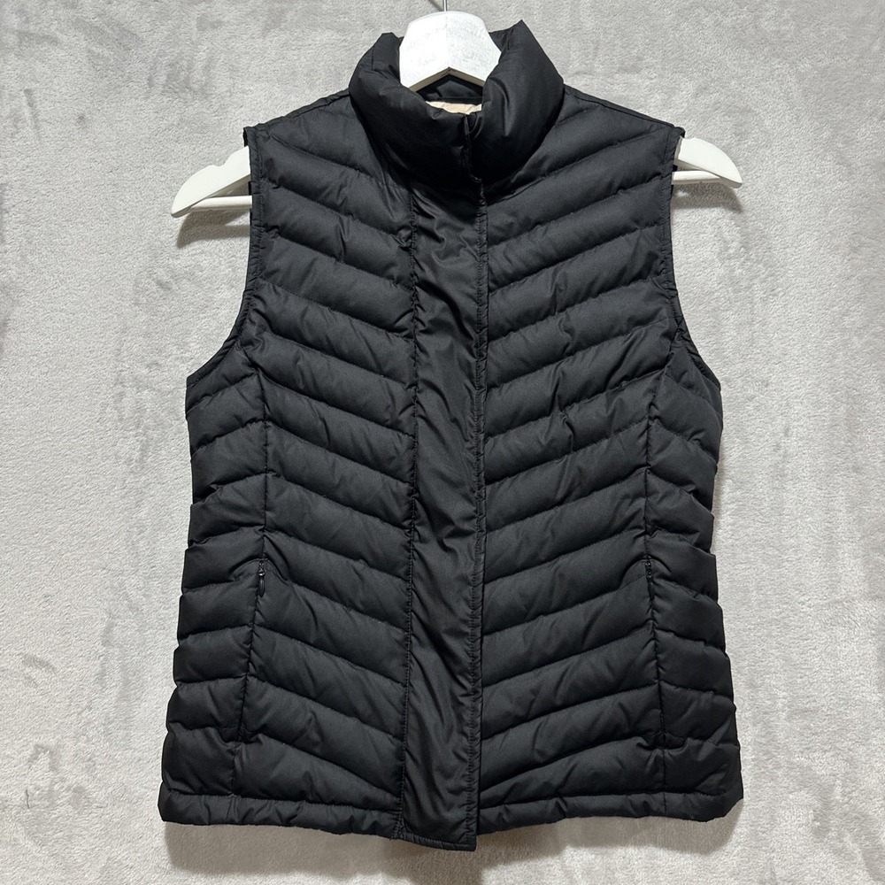 Talbots Petites Womens Chevron Quilted Puffer Black Vest Zip Snap Mock Neck Sz P